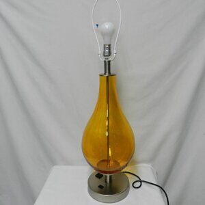 Yellow Glass Tall Table Lamp Tear Drop nickel-tone base Works Great 34" Tall